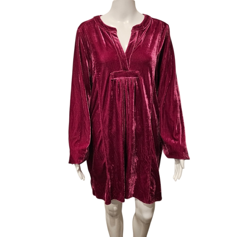 Easel Luxury Velvet Boho V-Neck Tunic Mini Dress - Berry Wine Size Small
